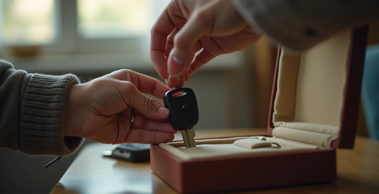 Main plaçant un double de clé dans un coffret sécurisé